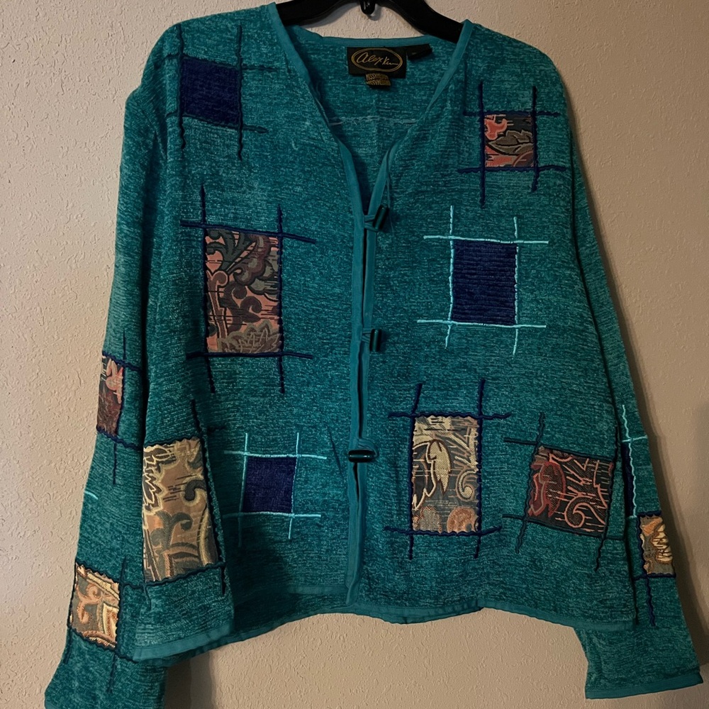 Teal Patchwork Cardigan With Button Closure - image 1